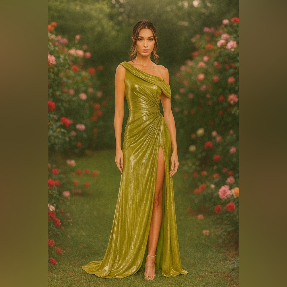 Mac Duggal One Shoulder Shimmering Olive Dress